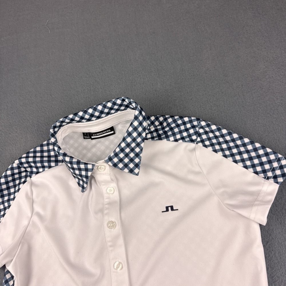 J Lindeberg Polo Women's S White Cara Gingham Check Golf Shirt Performance